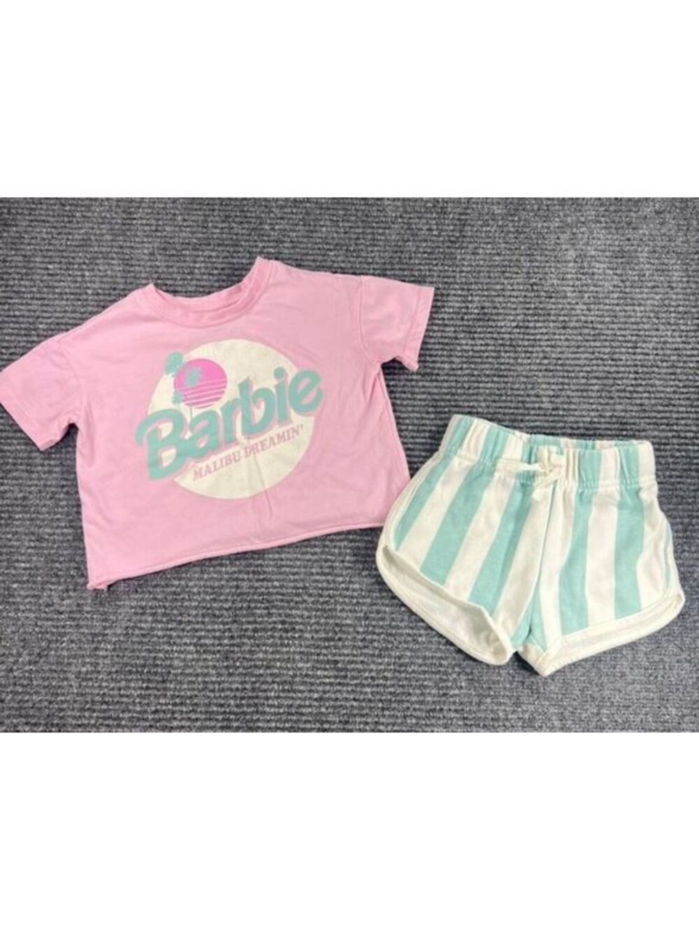 Girls' 2T Barbie Malibu Dreamin' Pink Crop T-Shirt and Blue Striped Shorts
